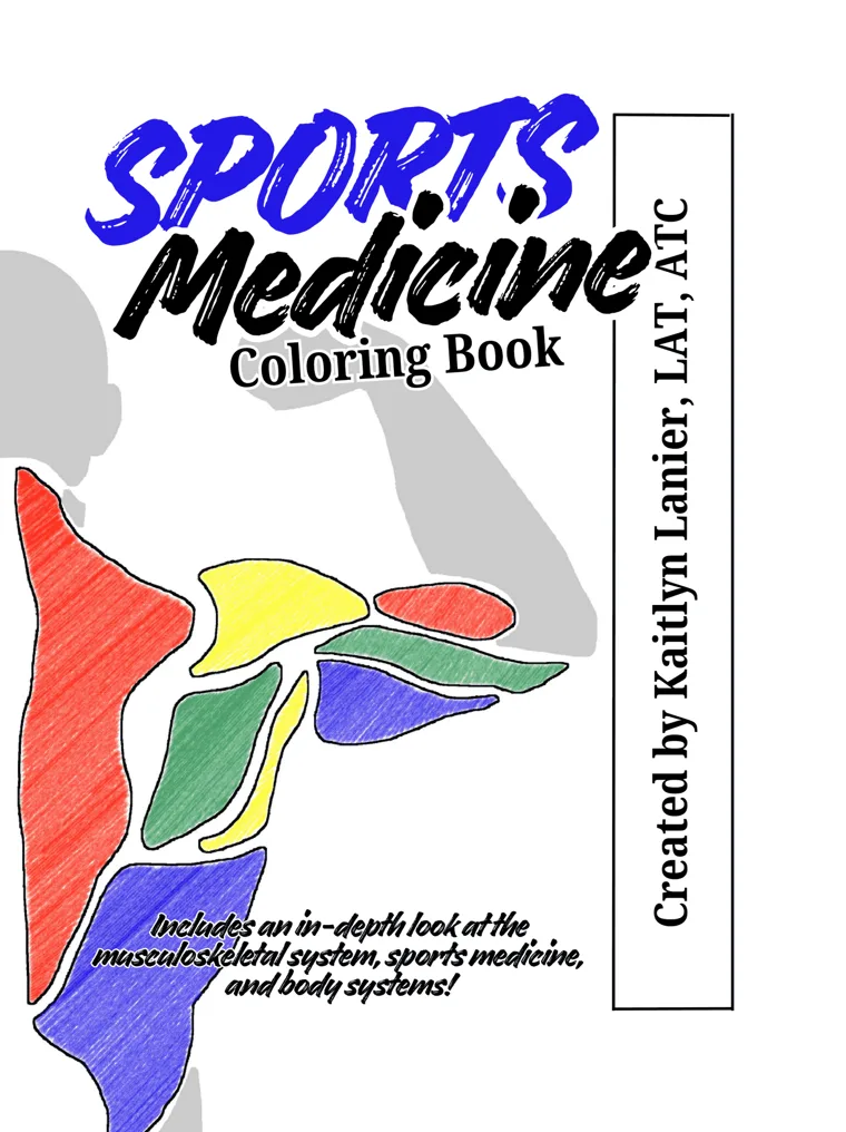 Front cover of the Sports Medicine Coloring Book, showing a flexing figure with the back musculature colored in red, yellow, green, and blue